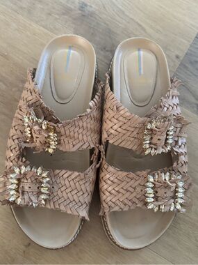Sam Edelman Woven Slide Sandals with Crystal Buckles - Beige